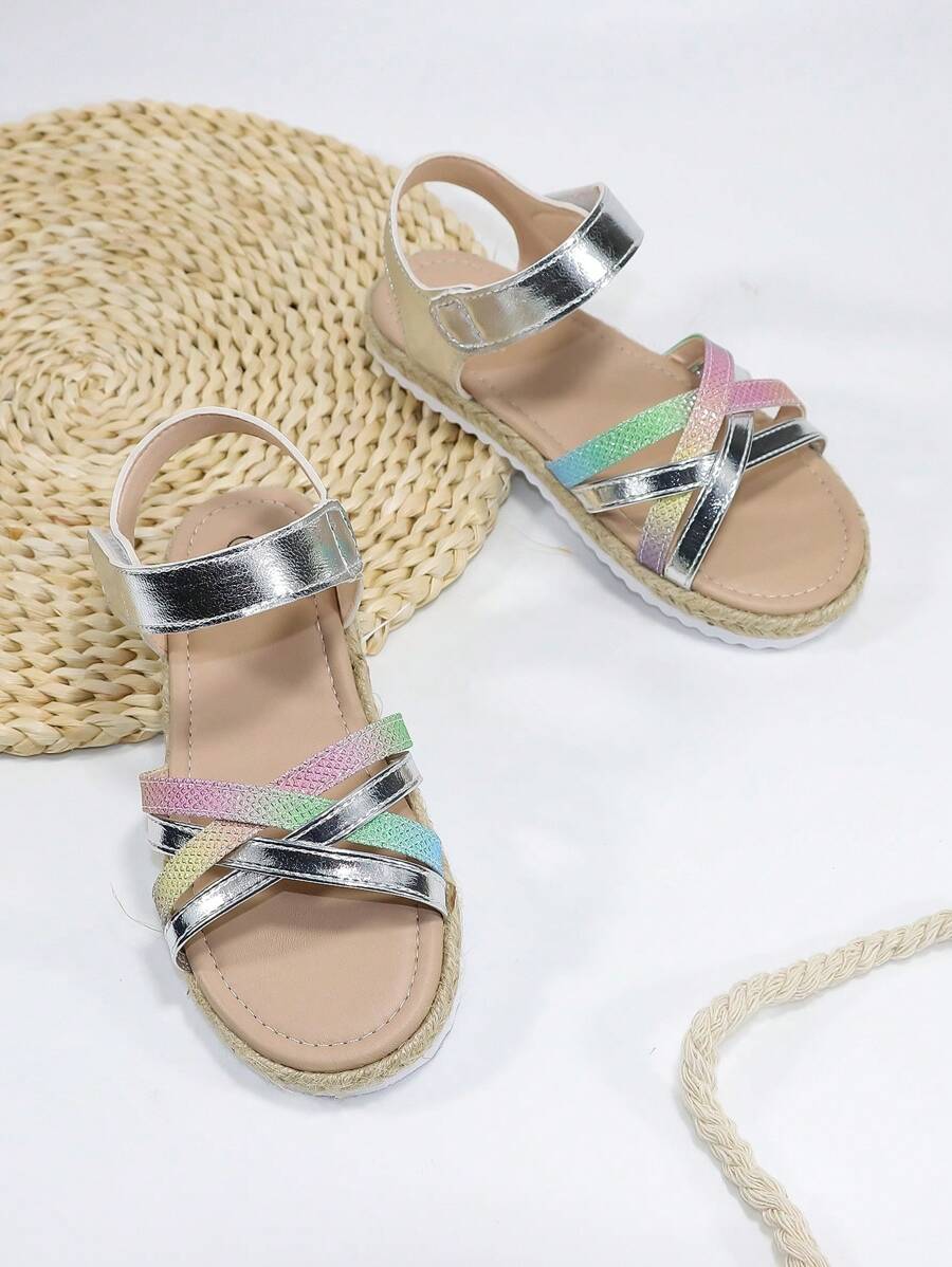 女孩漸層交叉幾何細節魔術貼時尚踝帶平底涼鞋戶外 - 彩色 - 查看 1