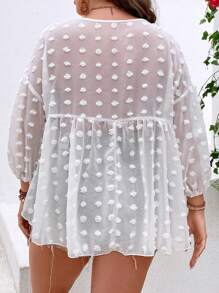SHEIN Holidaya Plus Swiss Dot Lantern Sleeve High Low Hem Chiffon Blouse - White - View 3