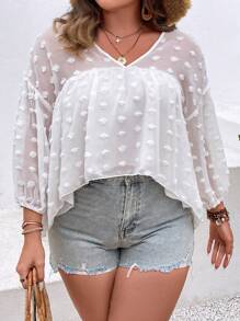 SHEIN Holidaya Plus Swiss Dot Lantern Sleeve High Low Hem Chiffon Blouse - White - View 1