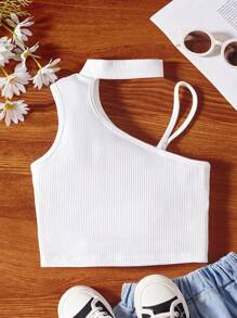 SHEIN Camiseta Sin Mangas De Punto Acanalado Con Cuello Asimétrico Para Niñas Preadolescentes - Blanco - Ver 1