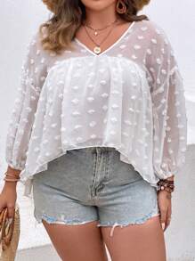 SHEIN Holidaya Plus Swiss Dot Lantern Sleeve High Low Hem Chiffon Blouse - White - View 6