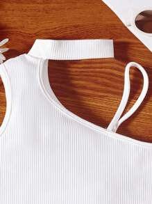 SHEIN Camiseta Sin Mangas De Punto Acanalado Con Cuello Asimétrico Para Niñas Preadolescentes - Blanco - Ver 4