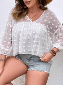SHEIN Holidaya Plus Swiss Dot Lantern Sleeve High Low Hem Chiffon Blouse - White - View 7