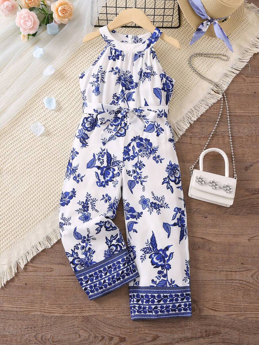 SHEIN 夏季少女蓝白花朵印花风格宽肩带度假连体裤 - 藍白色 - 查看 1