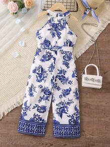 SHEIN 夏季少女蓝白花朵印花风格宽肩带度假连体裤 - 藍白色 - 查看 2