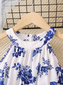 SHEIN 夏季少女蓝白花朵印花风格宽肩带度假连体裤 - 藍白色 - 查看 3