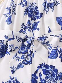 SHEIN 夏季少女蓝白花朵印花风格宽肩带度假连体裤 - 藍白色 - 查看 4