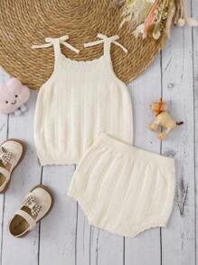 嬰兒肩上打結針織吊帶上衣和針織短褲 - 杏色 - 查看 2