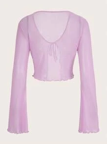 SHEIN ICON 女士纯色网纱系带长袖上衣 - 淡紫色 - 查看 2