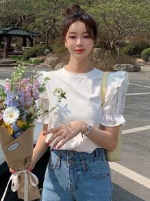 DAZY Chất rắn Viền Ruffle Ống tay áo Áo thun - trắng - Xem 1