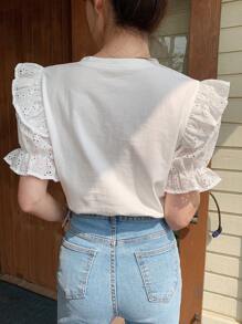 DAZY Chất rắn Viền Ruffle Ống tay áo Áo thun - trắng - Xem 2