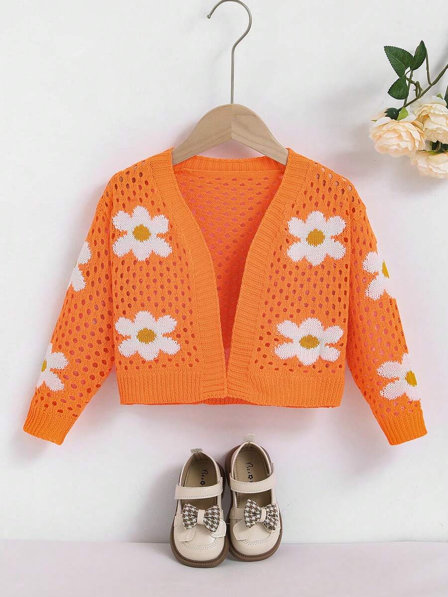SHEIN Young Girl Floral Pattern Drop Shoulder Cardigan - Orange - View 1