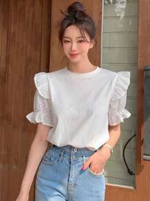 DAZY Chất rắn Viền Ruffle Ống tay áo Áo thun - trắng - Xem 3