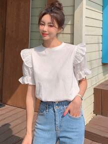 DAZY Chất rắn Viền Ruffle Ống tay áo Áo thun - trắng - Xem 6
