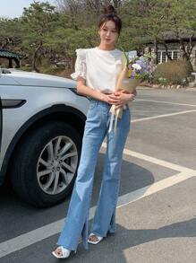 DAZY Chất rắn Viền Ruffle Ống tay áo Áo thun - trắng - Xem 7