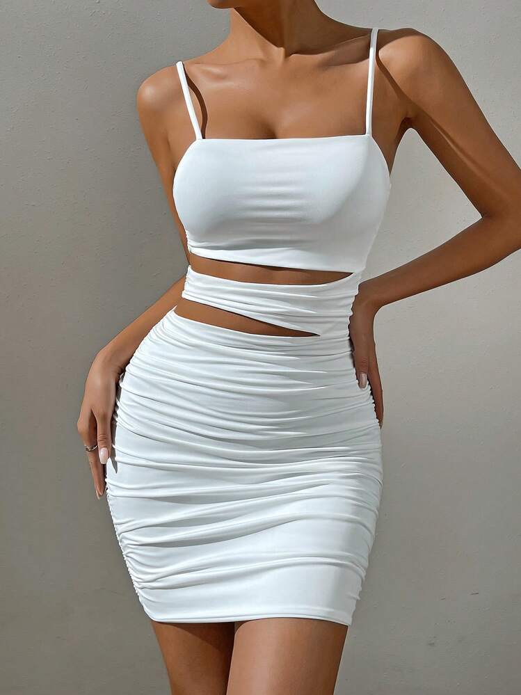 Allurite Cut Out Ruched Cami Bodycon Dress - White - View 5