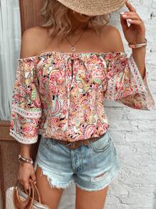 SHEIN VCAY Floral Print Off Shoulder Guipure Lace Trim Tie Front Blouse - Multicolor - View 1