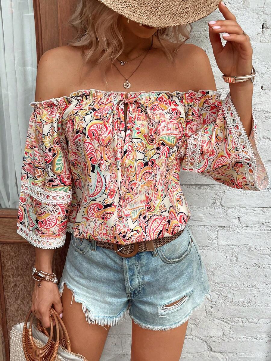 SHEIN VCAY Floral Print Off Shoulder Guipure Lace Trim Tie Front Blouse - Multicolor - View 1