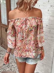 SHEIN VCAY Floral Print Off Shoulder Guipure Lace Trim Tie Front Blouse - Multicolor - View 3