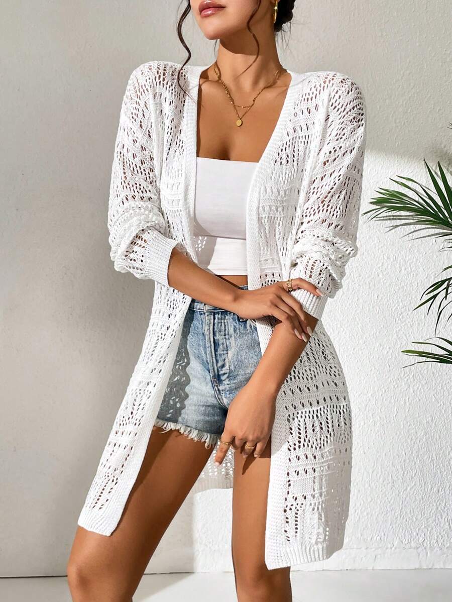 SHEIN Swim Hollow Out Drop Shoulder Open Front Kimono,Summer Beach - White - View 1
