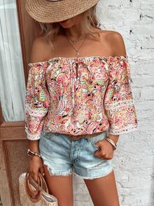 SHEIN VCAY Floral Print Off Shoulder Guipure Lace Trim Tie Front Blouse - Multicolor - View 4