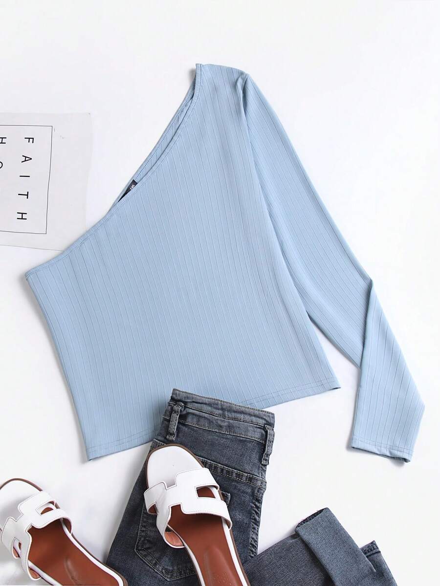 Áo thun Plus size Gân đan màu trơn Giải trí - Màu xanh lam - Xem 1