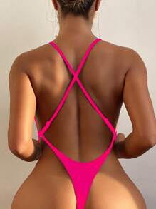 Summer Solid Halter One Piece Swimsuit - Hot Pink - View 2