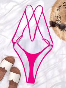 Summer Solid Halter One Piece Swimsuit - Hot Pink - View 3