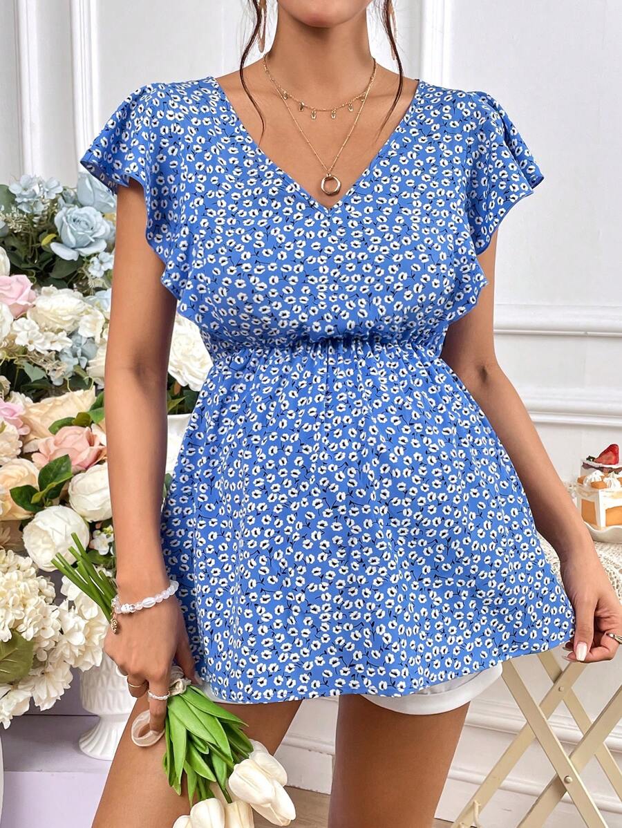 SHEIN 孕婦碎花蝴蝶袖荷葉邊下擺襯衫