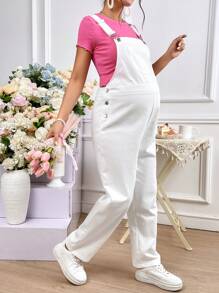 SHEIN Maternidad Mono de tirantes con parche con bolsillo sin camiseta - Blanco - Ver 6