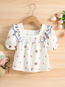 SHEIN Young Girl Floral Print Ruffle Trim Puff Sleeve Blouse - White - View 1