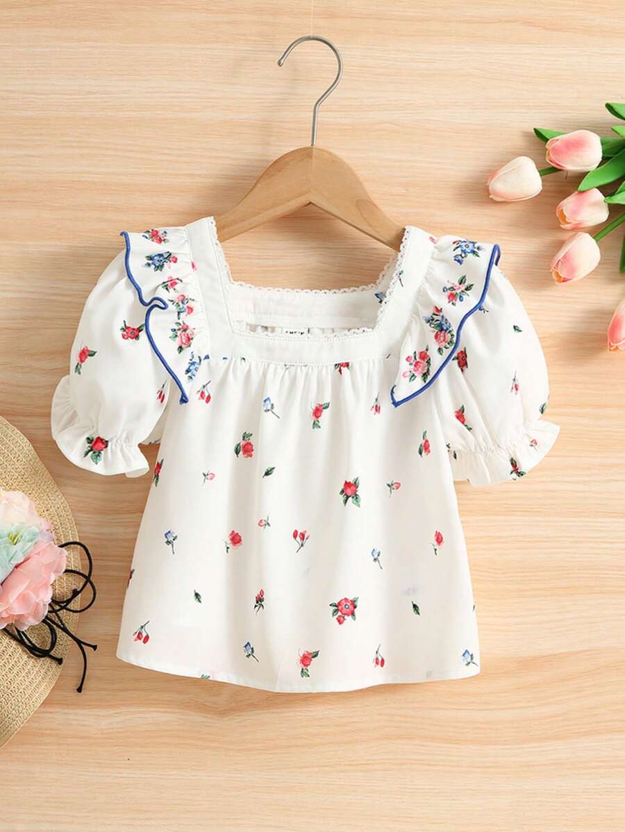 SHEIN Young Girl Floral Print Ruffle Trim Puff Sleeve Blouse - White - View 1
