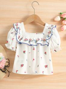 SHEIN Young Girl Floral Print Ruffle Trim Puff Sleeve Blouse - White - View 2