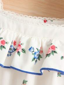 SHEIN Young Girl Floral Print Ruffle Trim Puff Sleeve Blouse - White - View 3