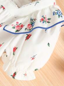 SHEIN Young Girl Floral Print Ruffle Trim Puff Sleeve Blouse - White - View 5