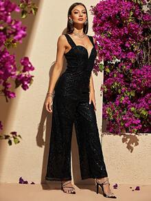 Double Crazy 雞心領口亮片闊腿連體褲 - 黑色 - 查看 3