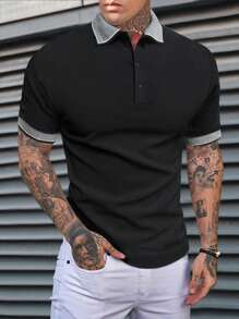 Manfinity Homme Men Contrast Collar Polo Shirt - Black - View 1