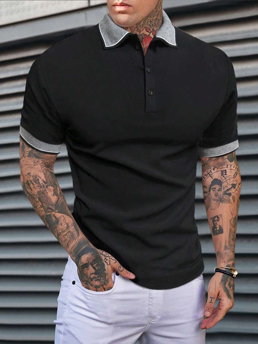 Manfinity Homme Men Contrast Collar Polo Shirt - Black - View 1