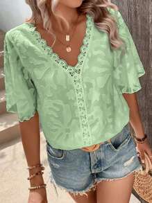 SHEIN LUNE Áo sơ mi nữ Tương phản ren màu trơn Giải trí - Màu xanh chanh - Xem 1