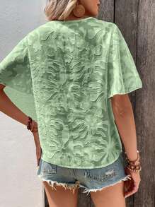 SHEIN LUNE Áo sơ mi nữ Tương phản ren màu trơn Giải trí - Màu xanh chanh - Xem 2