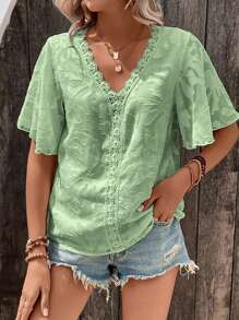 SHEIN LUNE Áo sơ mi nữ Tương phản ren màu trơn Giải trí - Màu xanh chanh - Xem 3