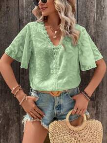 SHEIN LUNE Áo sơ mi nữ Tương phản ren màu trơn Giải trí - Màu xanh chanh - Xem 5