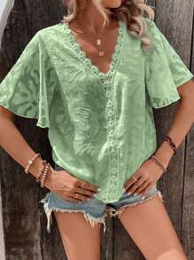 SHEIN LUNE Áo sơ mi nữ Tương phản ren màu trơn Giải trí - Màu xanh chanh - Xem 6