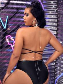 Sujetador arnés con diamante de imitación halter & Cinturón de cadena sin forro - Plateado - Ver 2