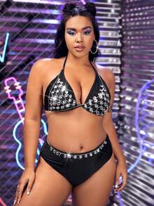 Sujetador arnés con diamante de imitación halter & Cinturón de cadena sin forro - Plateado - Ver 3