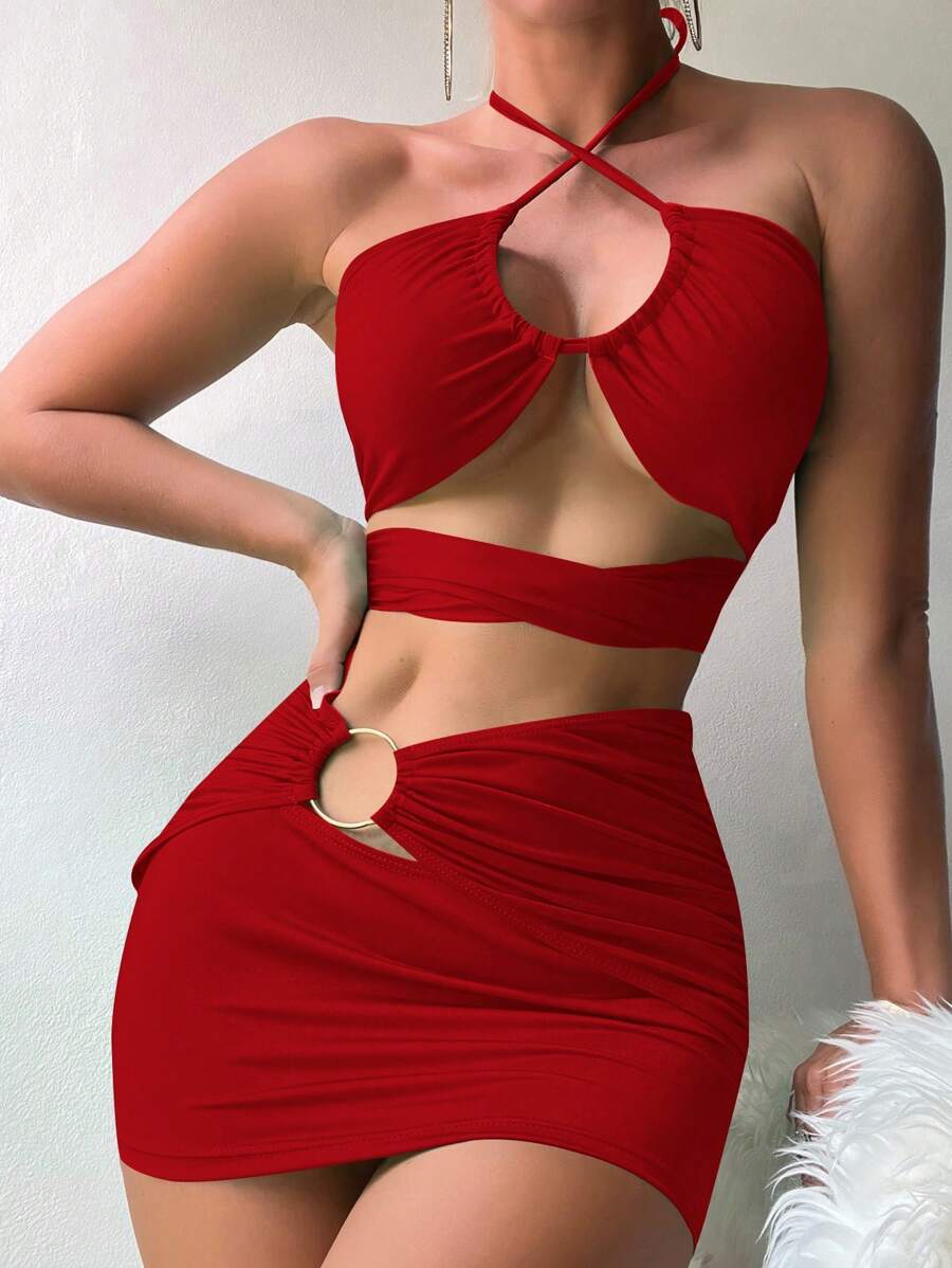 SHEIN Swim Summer Beach Cut Out Halter Bikini Set With Beach Skirt - Red - View 1