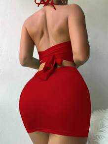 SHEIN Swim Summer Beach Cut Out Halter Bikini Set With Beach Skirt - Red - View 2
