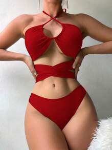 SHEIN Swim Summer Beach Cut Out Halter Bikini Set With Beach Skirt - Red - View 3