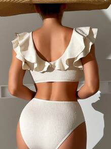 Ruffle Trim High Waisted Summer Beach Bikini Set - Beige - View 2