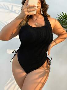 Swim Vcay Summer Beach Plus Drawstring Side Crisscross Backless One Piece Swimsuit - Black - View 1